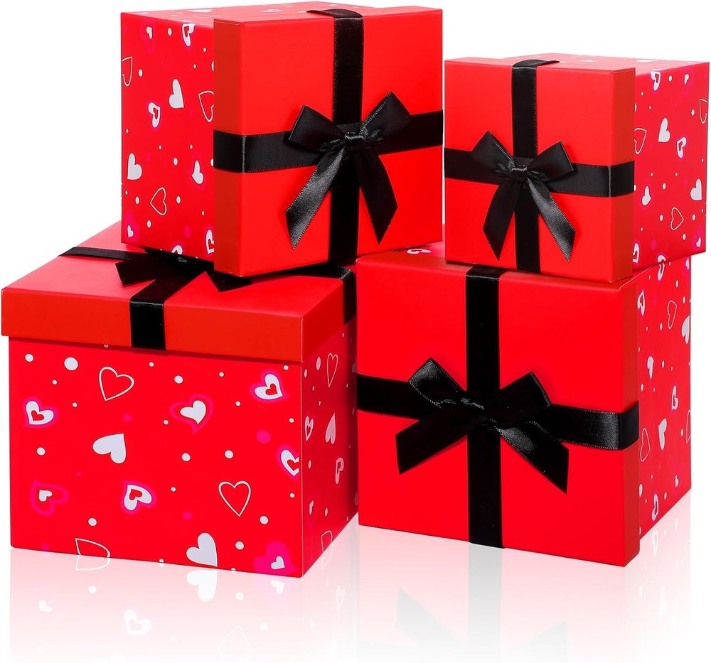 Epakh 4 Pcs Valentine's Day Nesting Gift Boxes with Lids Black Red Hearts Stacki