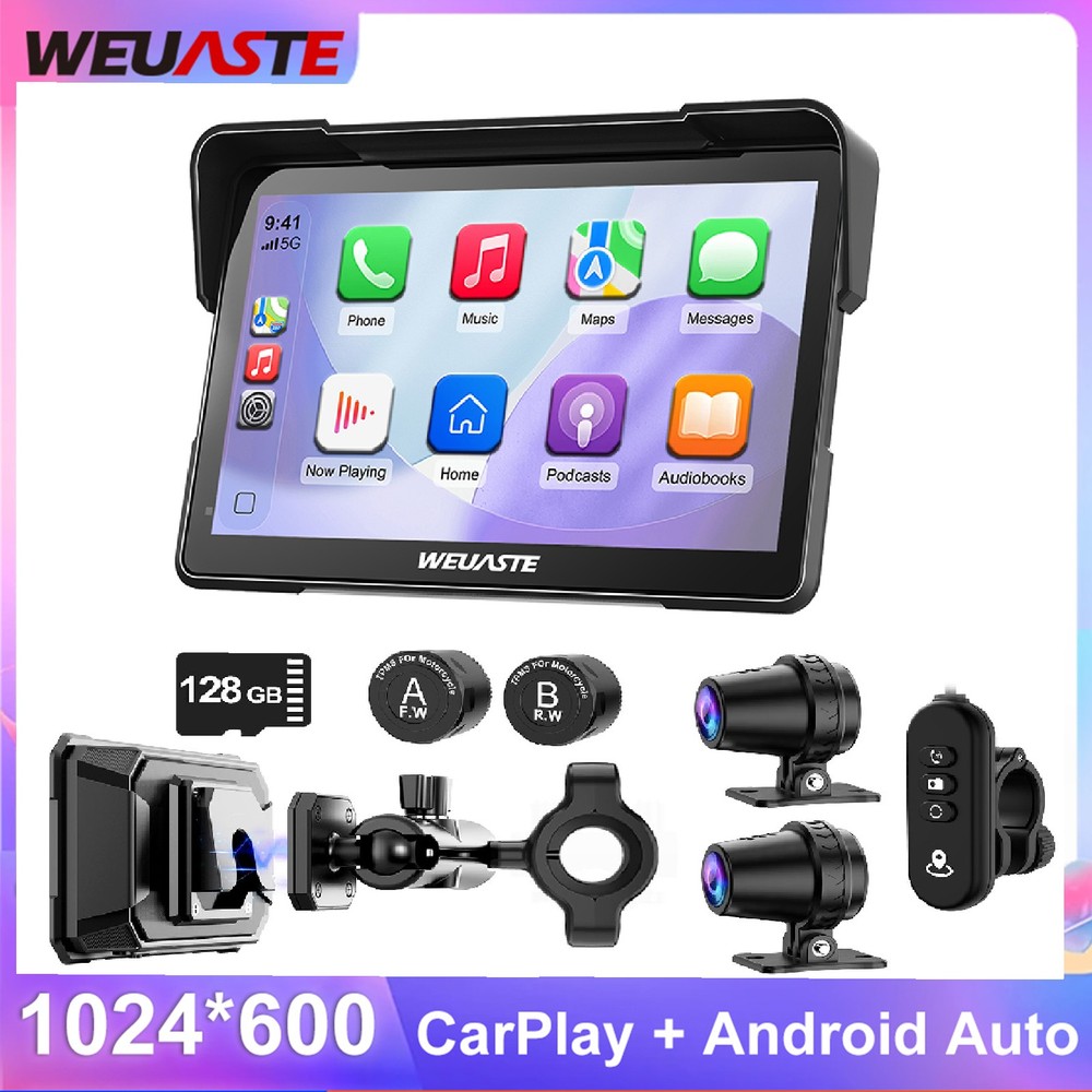 7" Motorcycle CarPlay Android Auto Stereo Remote Controller Dual 2K Dash Cam /BT