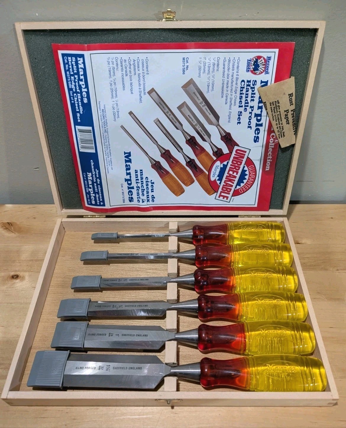 Vintage Marples Splitproof Bevel Edge Chisel Set Of 6 Pieces-Excellent Condition