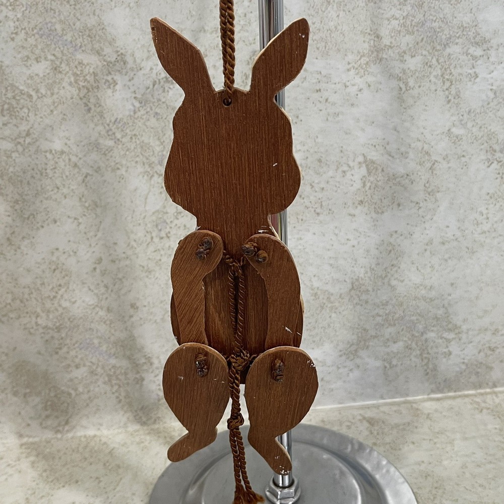 Vintage Paper Mounted on Wood Easter Rabbit Pull-String Toy Jumping Puppet 9” H