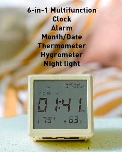 Digital Alarm Clock, with Battery Powered, Dimmable Night Light, Thermometer &
