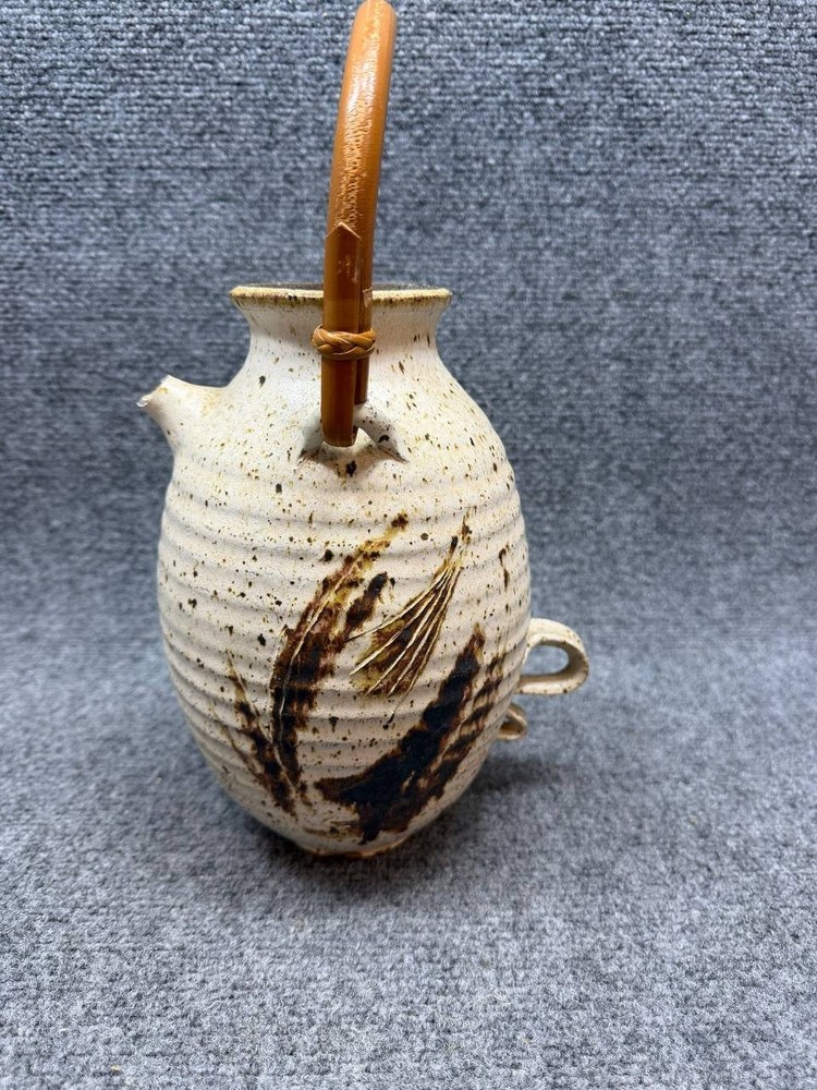 Handmade Studio Pottery Jug Bamboo Handle Ceramic Broken Spout