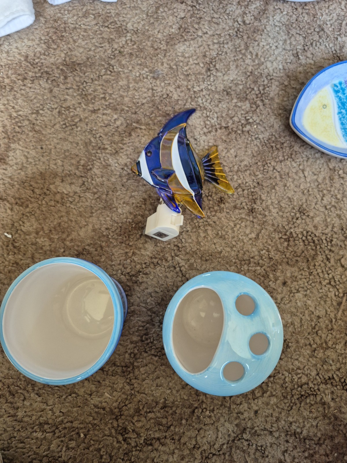 Fish Theme 7pc Bath Bathroom Set Ceramic Soap Dish ToothBrush Hold Cup Trash Can