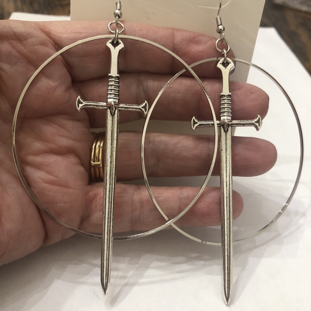 Gothic Style Silver Tone Sword Hoop Pierced Earrings