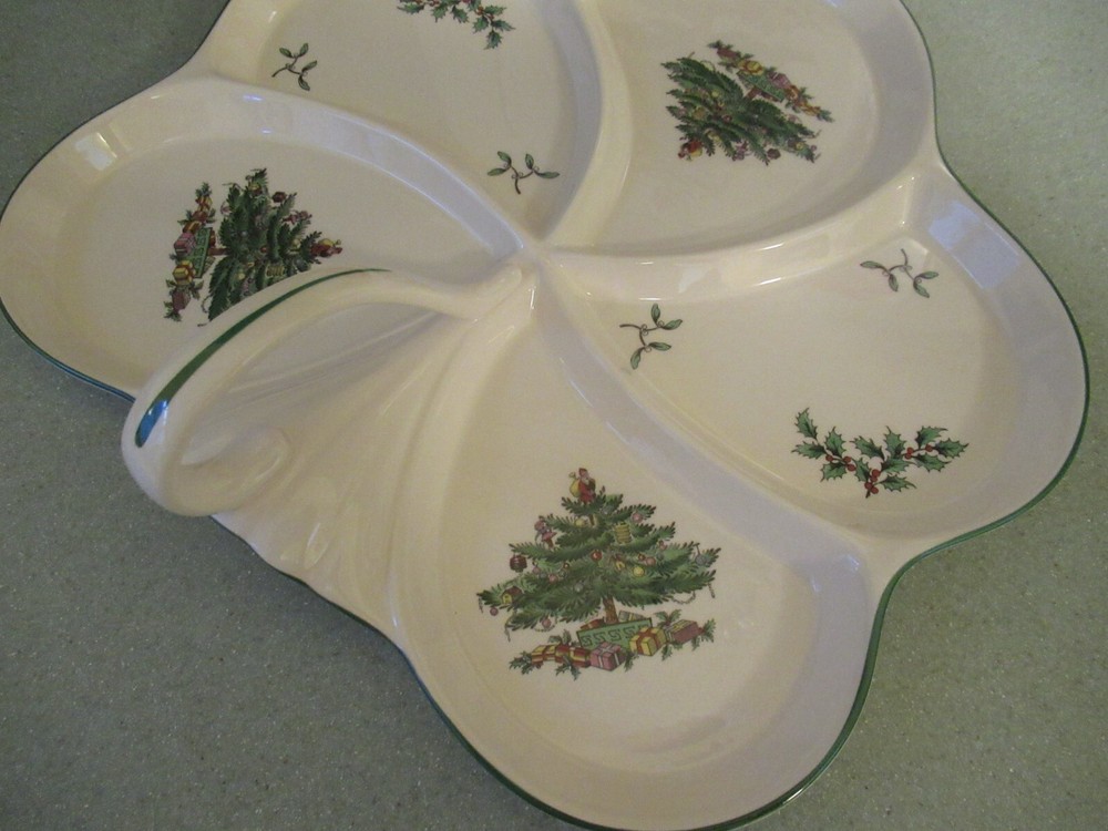 Spode Christmas tree designed handled ceramic 12” Hors d’Oeuvre tray
