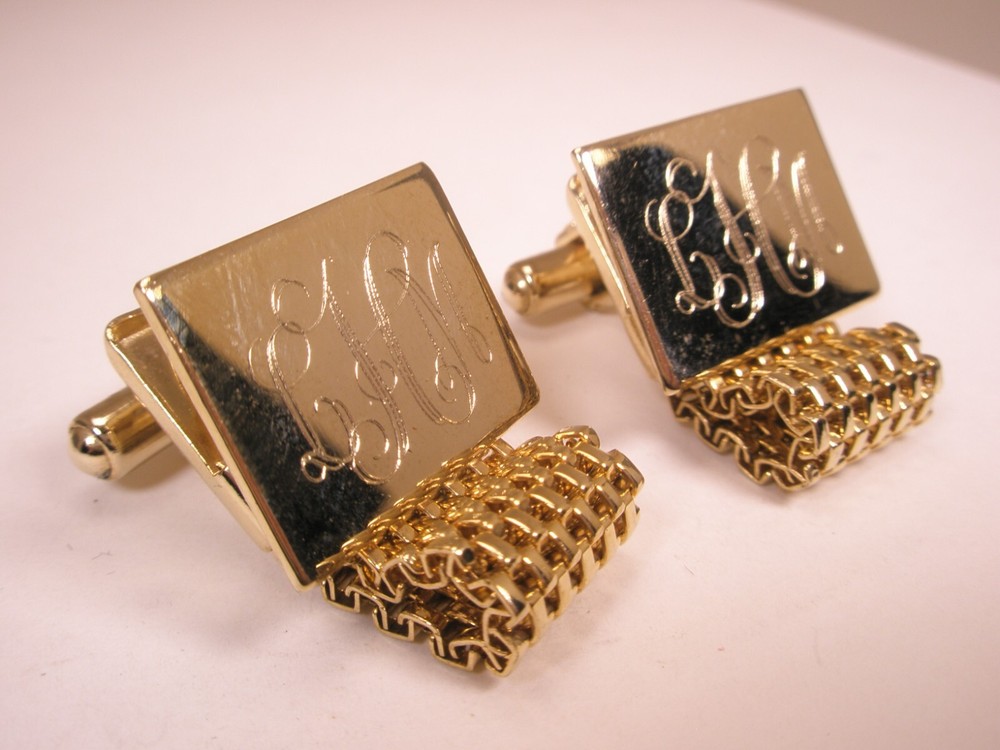 LHM Monogram Engraved Initial Watchband Wraparound Mesh Vintage Cuff Links
