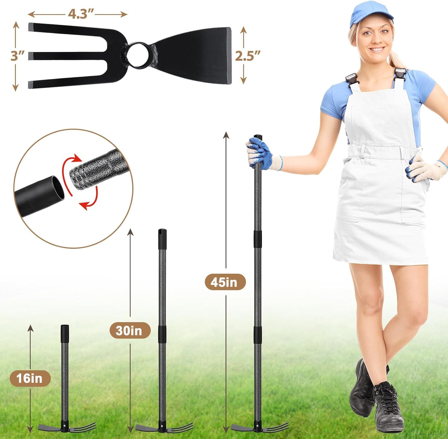 45-inch garden hoe with long handle for weeding and gardening