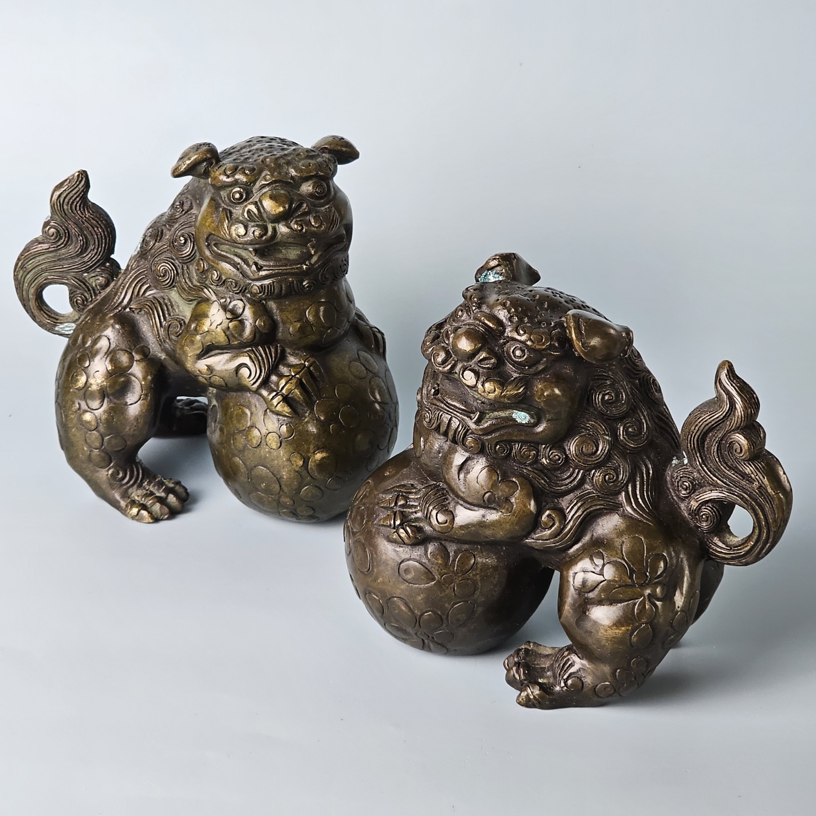 Vintage Asian Mythical Fu Foo Dog Guardian Lions Bronze Sculpture Marked