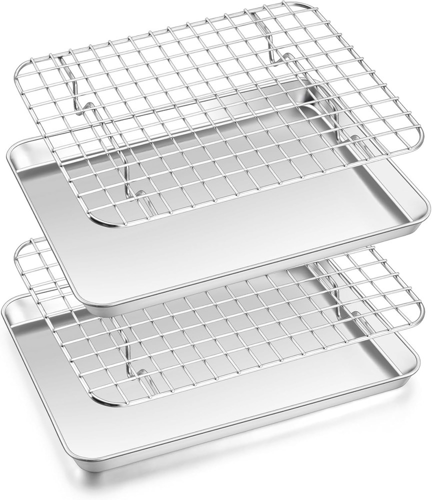 Toaster Oven Pan with Rack Set (2 Small Baking Sheets+2 9*7 INCH, Silver