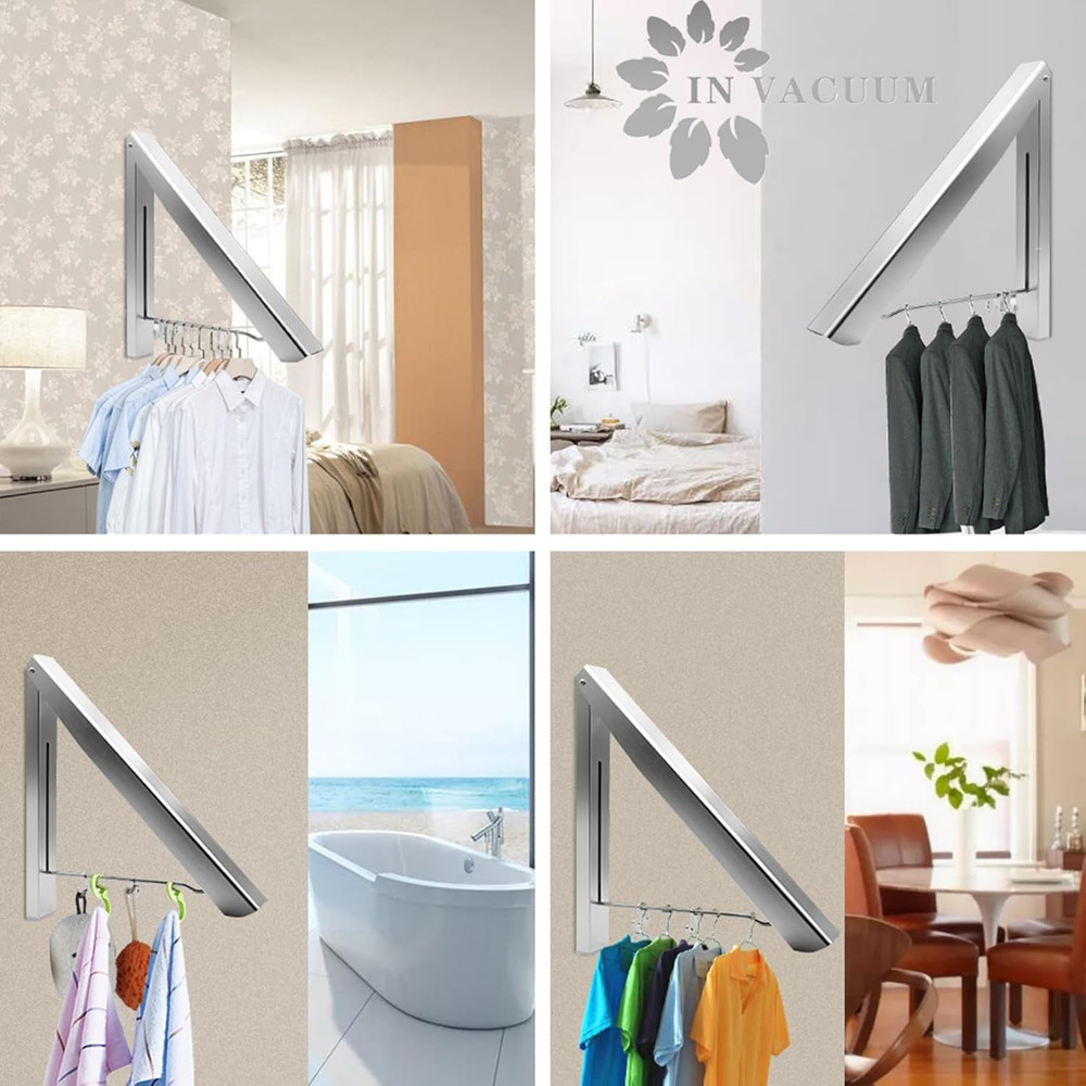 Foldable Laundry Drying Rack Retractable Wall Mount Aluminum Silver