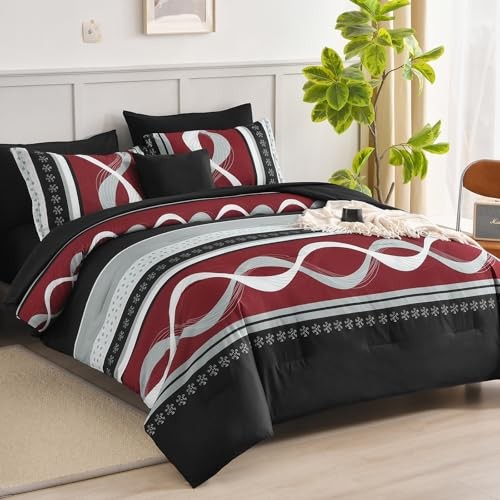 Comforter Set Size,8 Pieces Bed in a Bag Patchwork Striped King Burgundy