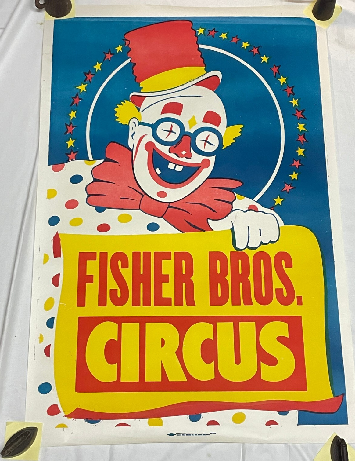 28" x 42" Original Vtg Fisher Bros Circus Poster Clown With Glasses Arkansas #3