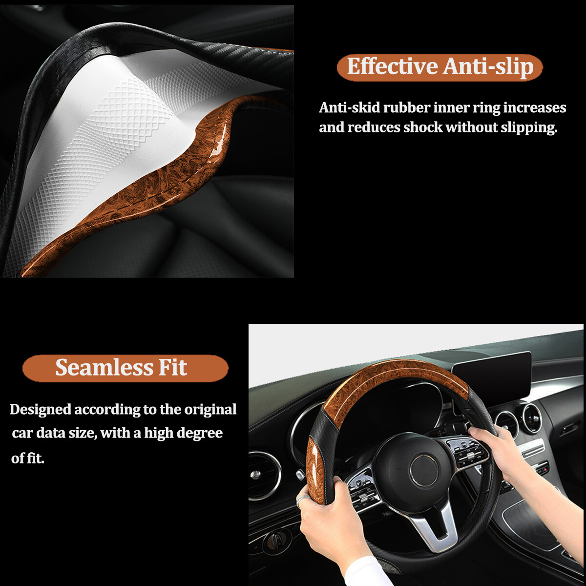 38cm/15" Car Steering Wheel Cover Mahogany Wood Grain Anti-slip Accessories