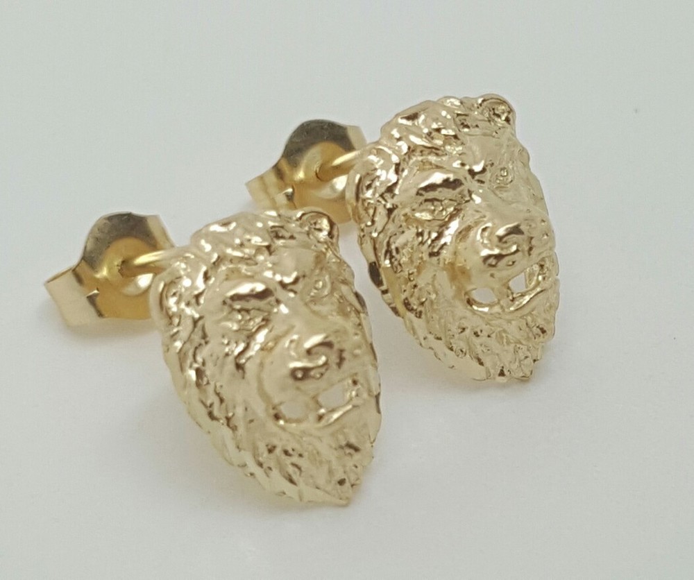 14k Solid Yellow Gold Lion Head Leo Stud Earrings Push Back