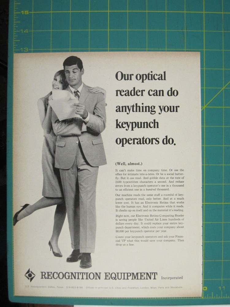 Print Ad Recognition Equipment Optical Reader Ad 1960s Tech Keypunch Efficiency