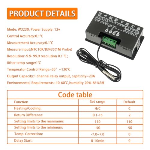 W3230 Digital Temperature Controller with NTC Temperature Probe Waterproof,LED