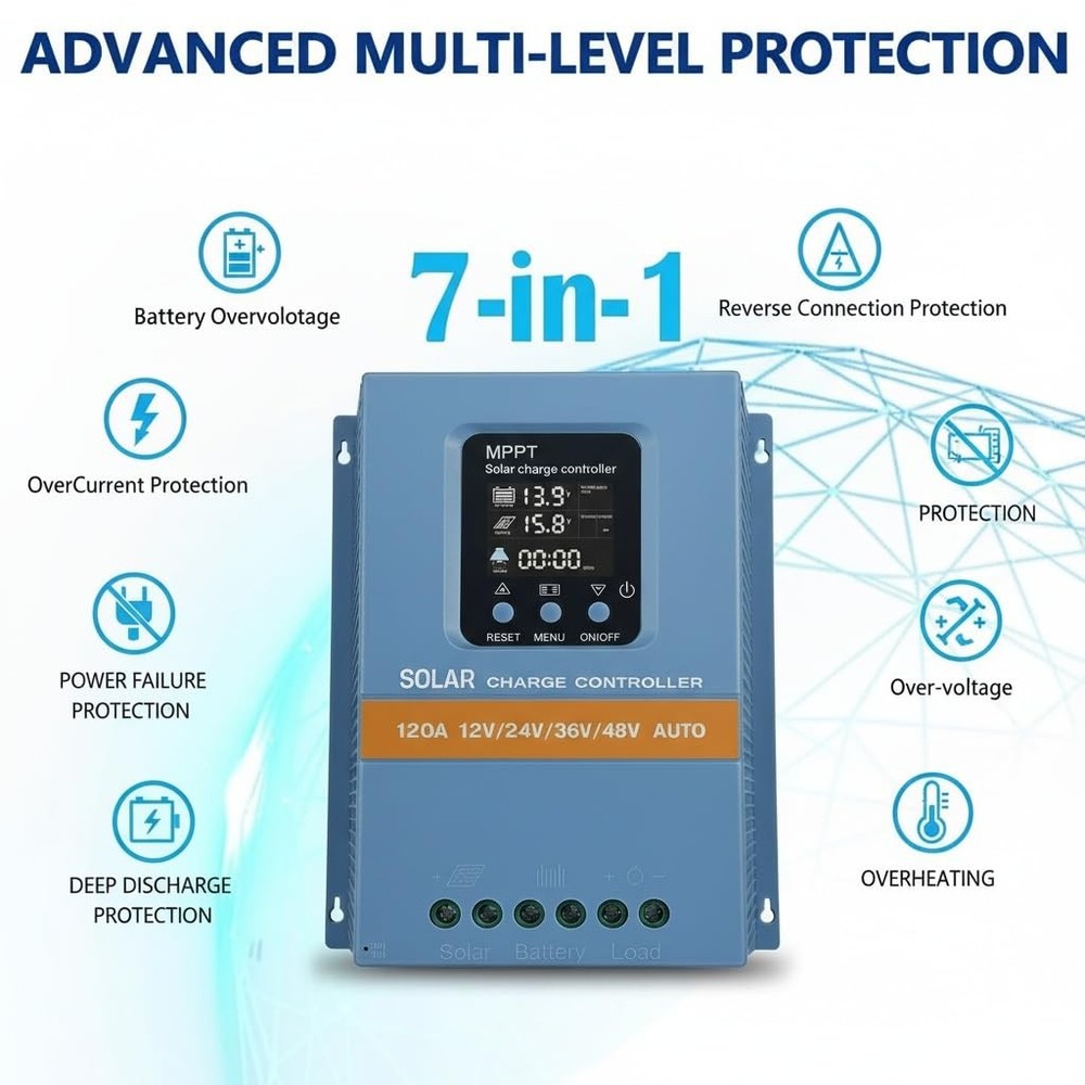 Solar Charge Controller 120A 12V 24V 36V 48V Intelligent Recognition LCD Display