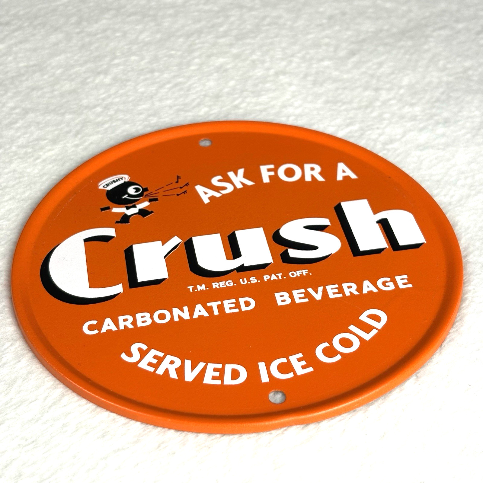 Vtg Orange Crush Crushy Mascot 'Ask for a Crush' Soda Pop Metal Advertising Sign
