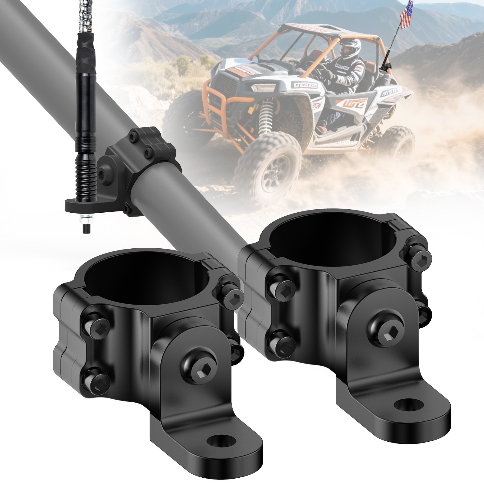 2X For Polaris RZR UTV ATV Mounting Bracket Whip Lights 1.65"-2" Roll Bar Mounts