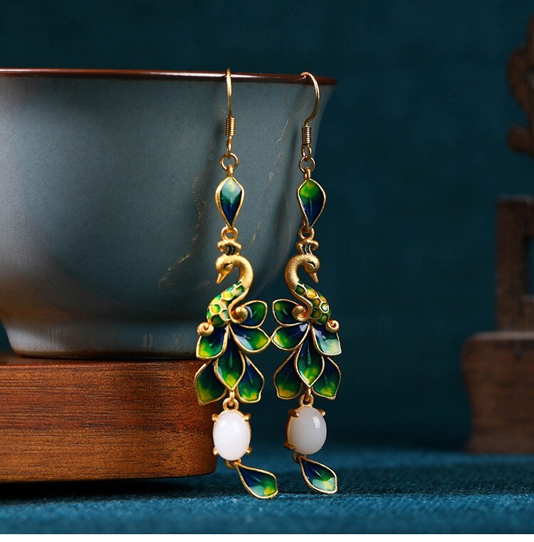 Jade Drop Dangle Earrings Peacock Cloisonne Bohemian Ear Hook 18K Gold Plated