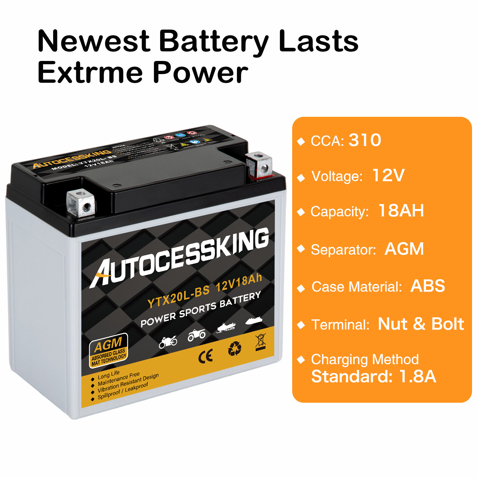 YTX20L-BS High Performance Maintenance Free Sealed AGM Battery For Motorcycle