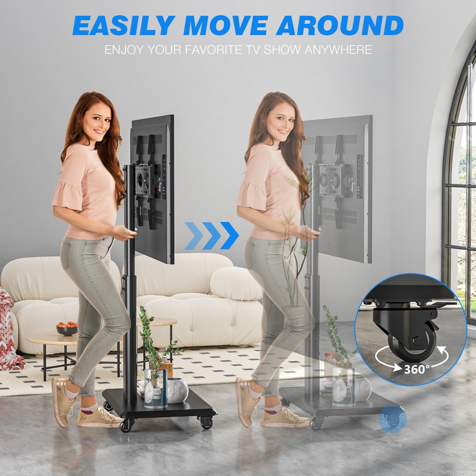 Rolling TV Stand for 32 to 70 Inch TVs,9 Levels of Height & ±30° Swivel Adjusta