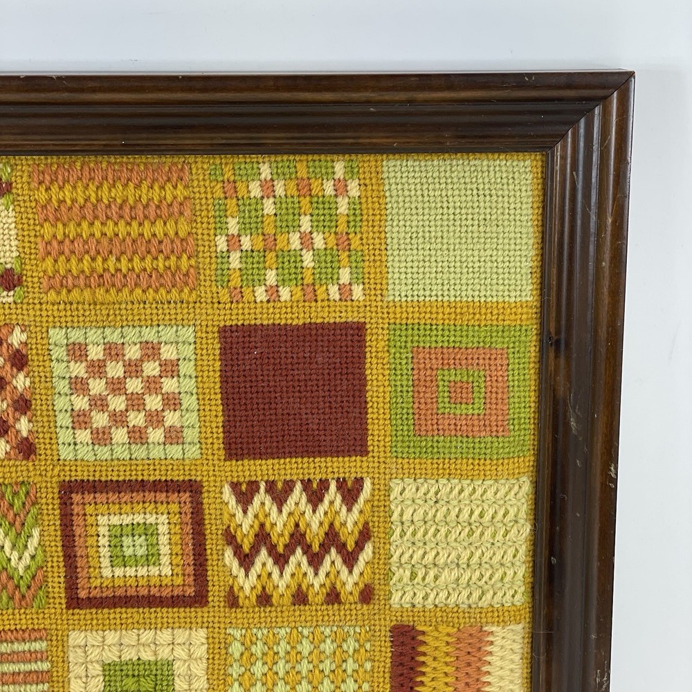 Vintage 1970s Needlepoint Patchwork Completed Wall Hanging Handmade 13x13 Framed