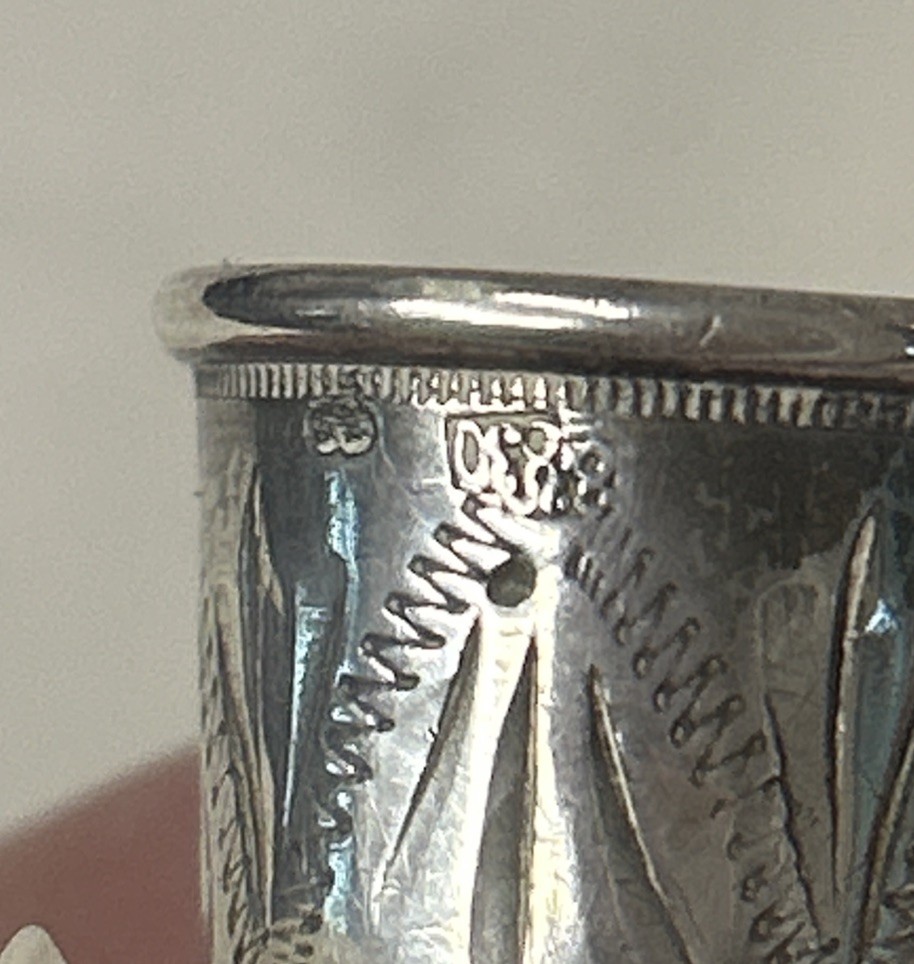 Antique Red Glass Stone Top Etched 830 Silver Thimble w/ Initials