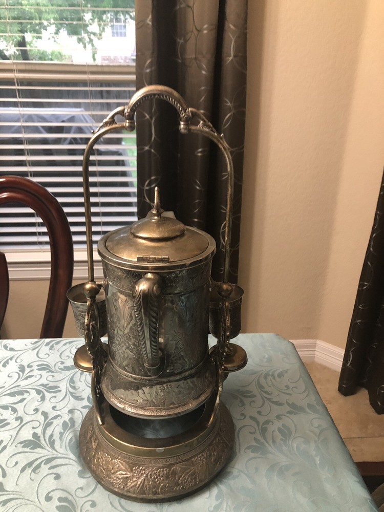 Tilting Water Pitcher, Victorian Antique With 2 Goblets