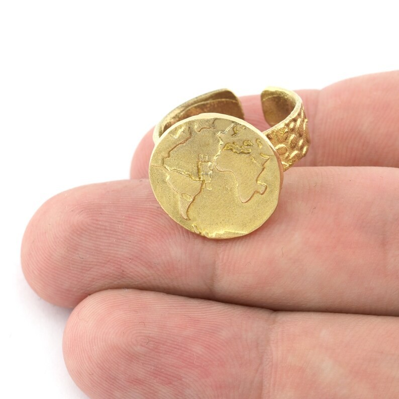 World Map Adjustable Ring Raw Brass - Antique silver (8US size) 0035