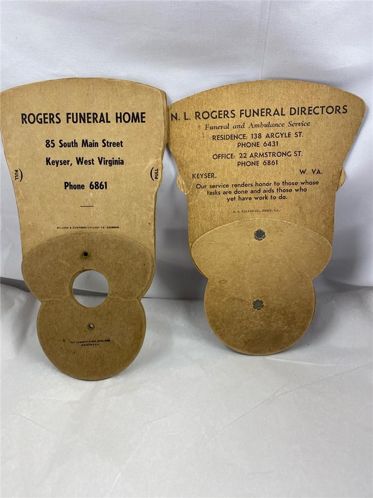 2 Vintage Religious Trifold Handheld Funeral Home Advertising Folding Fans
