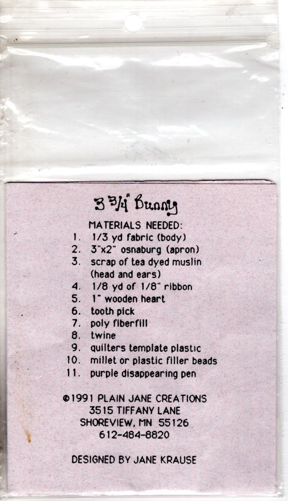 Somebunny Special ©1991 Plain Jane Creations Sewing Craft Pattern # 101
