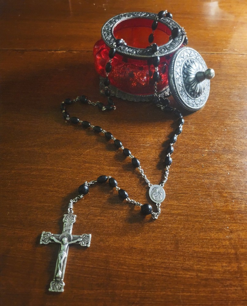 Vintage Sterling Silver Celluloid Bead Rosary & Vtg Red Moroccan Blown Glass Box