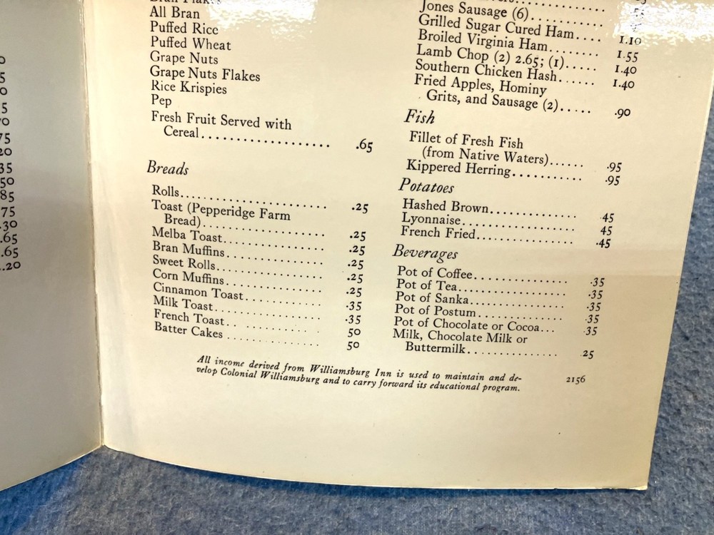 Menu Williamsburg Inn, Williamsburg Virginia