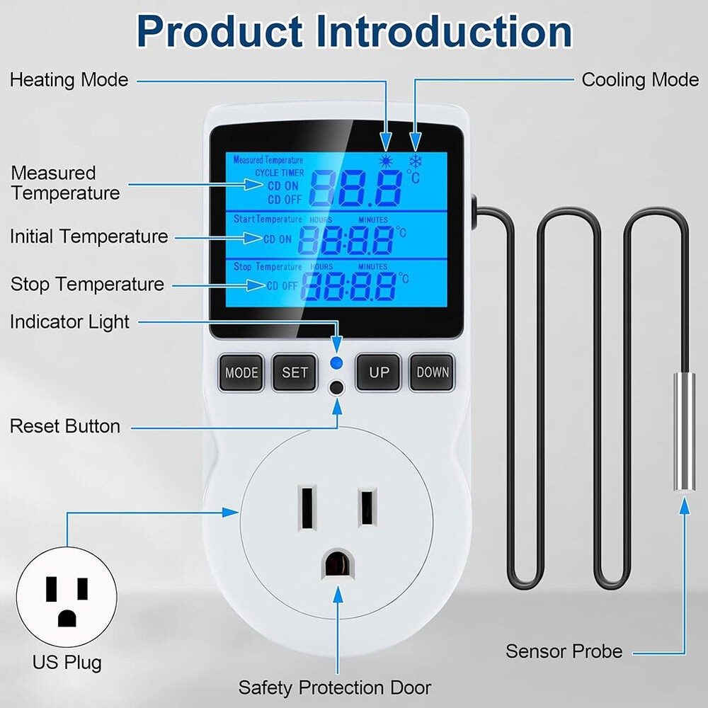Digital Thermostat Outlet Plug Temperature Controller Heating Cooling with Probe