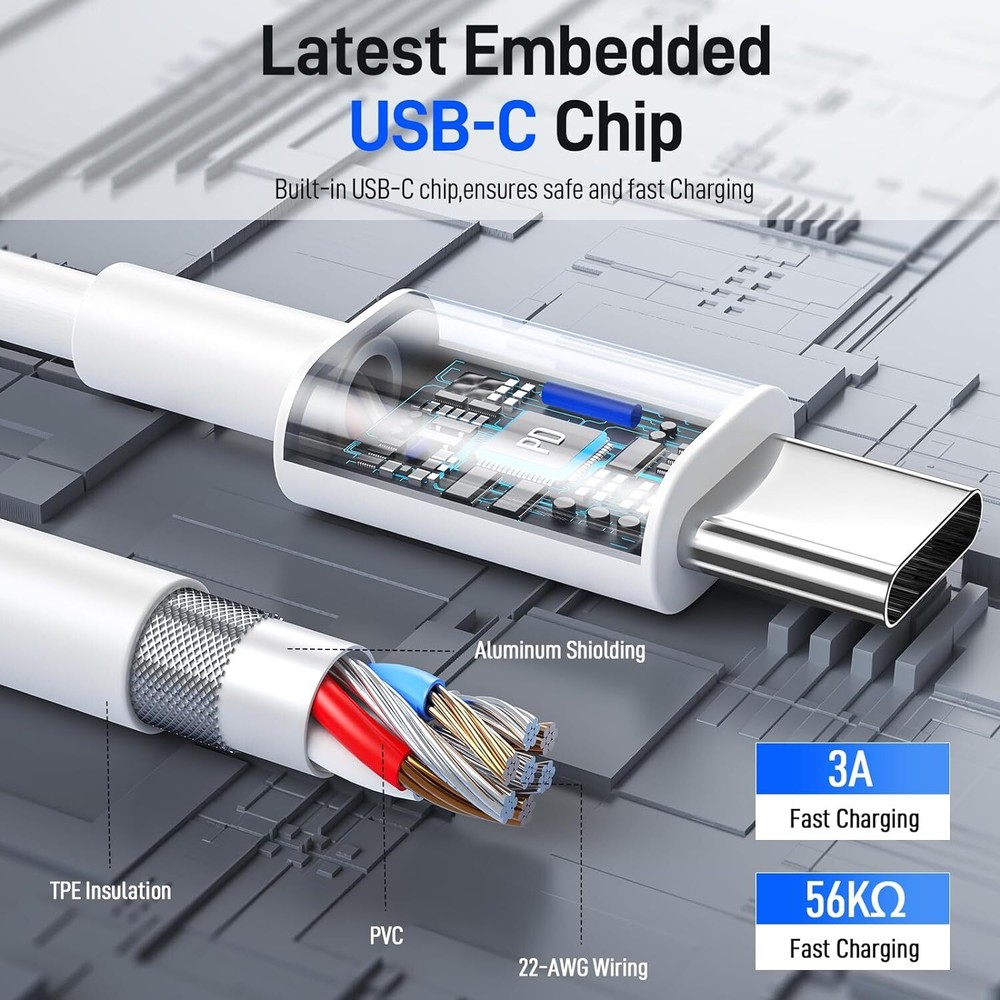 USB-C to USB-C Cable 6ft 3-Pack, White