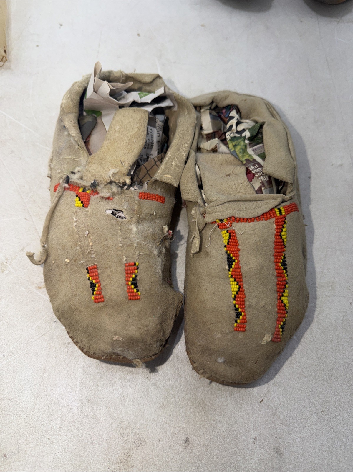Authentic Native American Leather Beaded Moccasin Lot and Indian Rattle