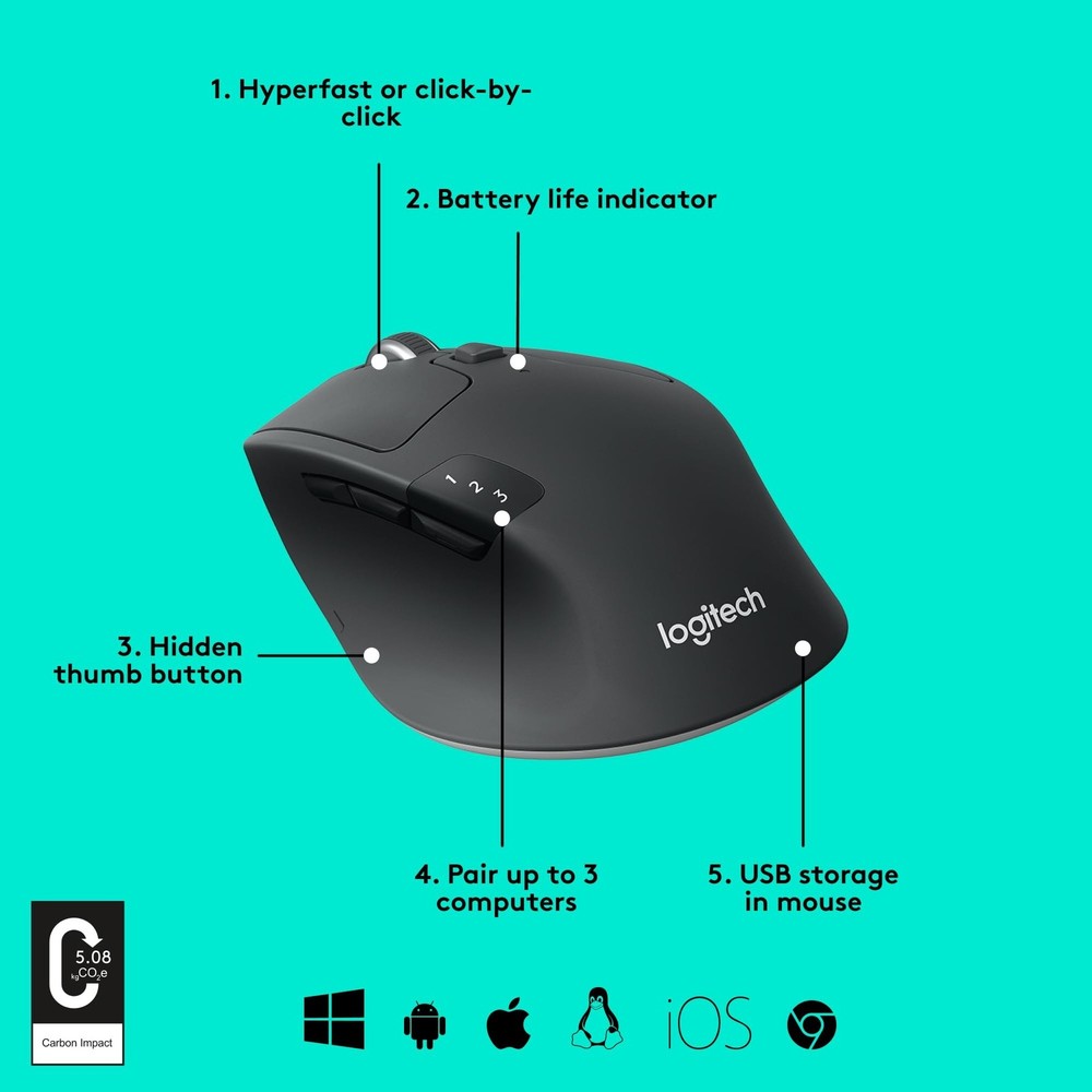 Logitech M720 Triathlon Multi-Device Wireless Mouse, Bluetooth, USB Unifying ...