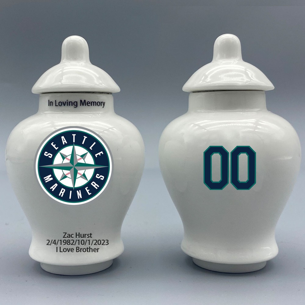 Ceramic Baseball Urn – Seattle Mariners Theme, Custom Text & Number