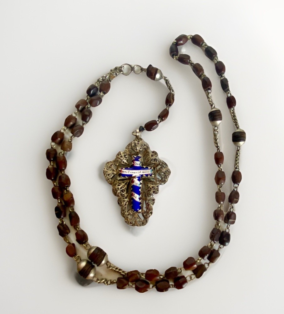 Antique 1800's Filigree 800 Silver Rosary with Reversible Enamel Crucifix, 29"