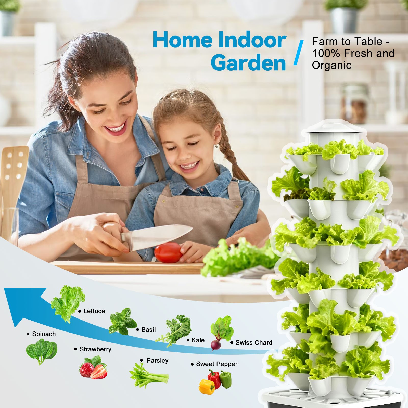 30 Pods 6-Tier Vertical Hydroponic Growing Tower with Lights