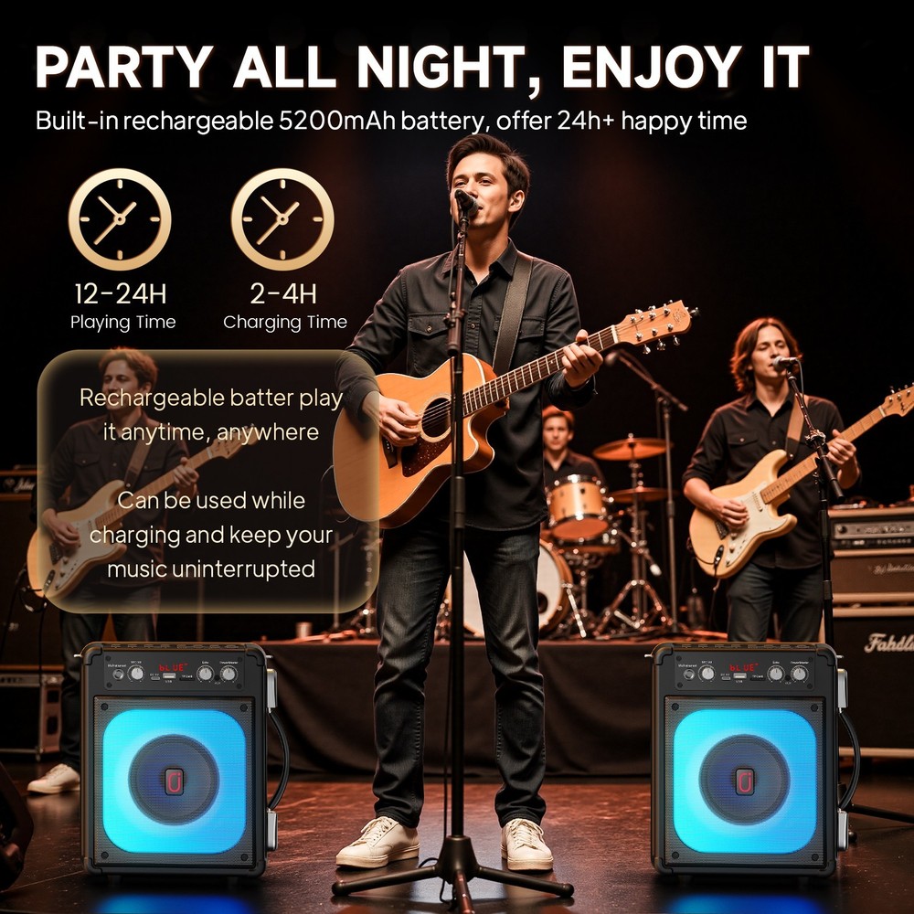 FanFun Karaoke Machine Bluetooth Speaker w/ 2 Wireless Mics LED USB AUX Portable