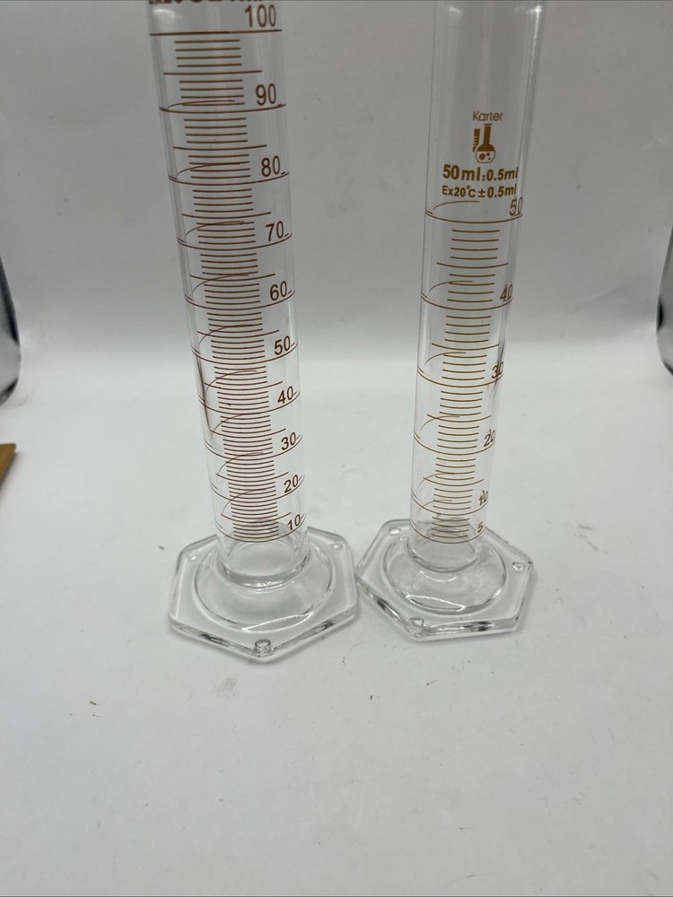 Pair KARTER graduated Cylinders 100ml 50ml EUC
