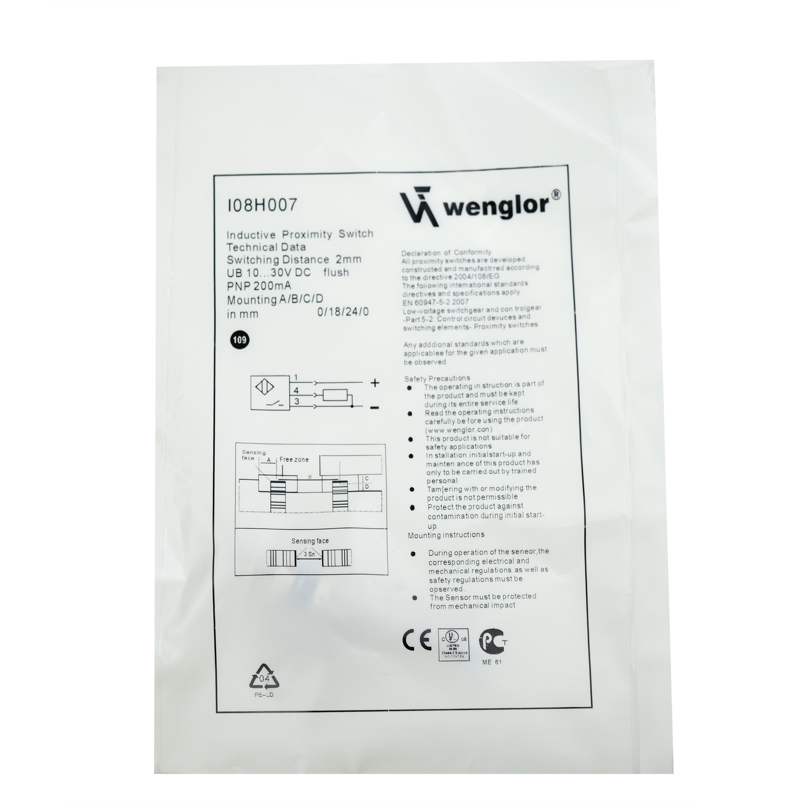 Wenglor Proximity Switch Sensor I08H007 PNP New