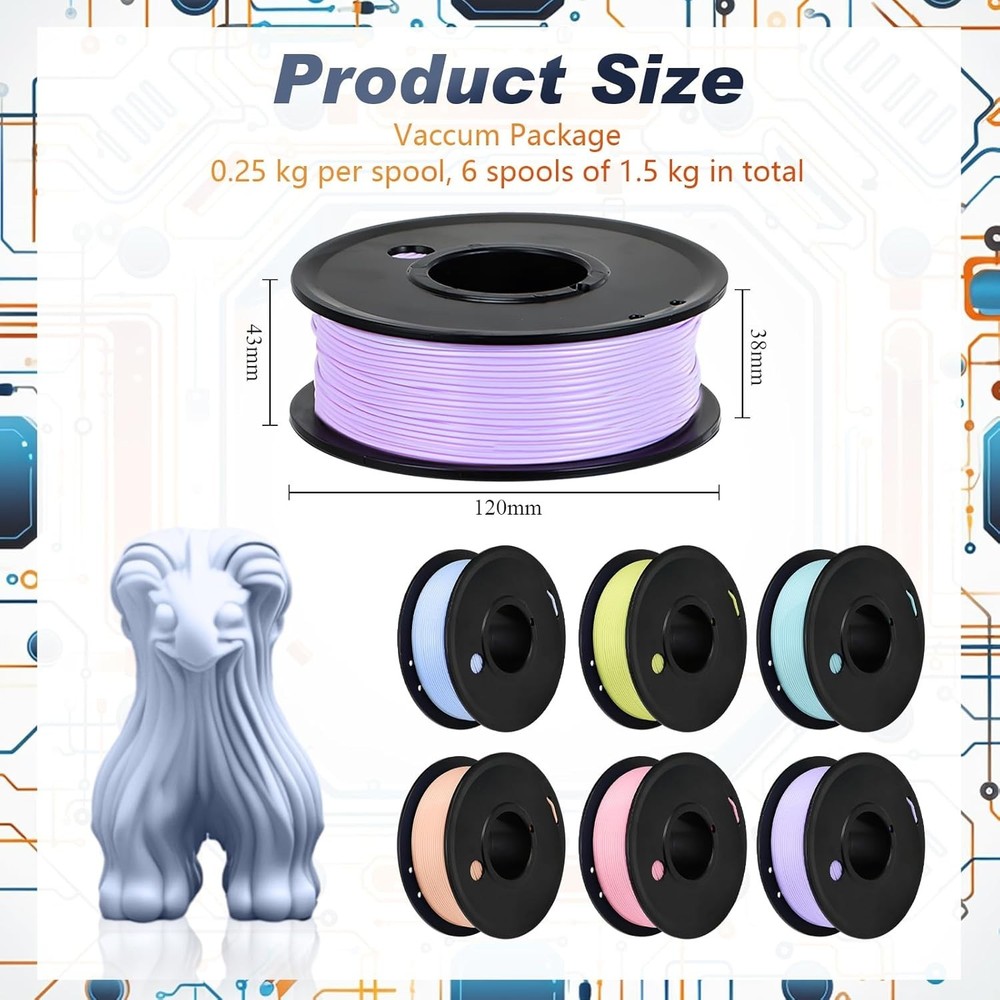 3D Printer Filament PLA Bundle 1.75mm Multicolor Matte or Silk Finish, Dimens...