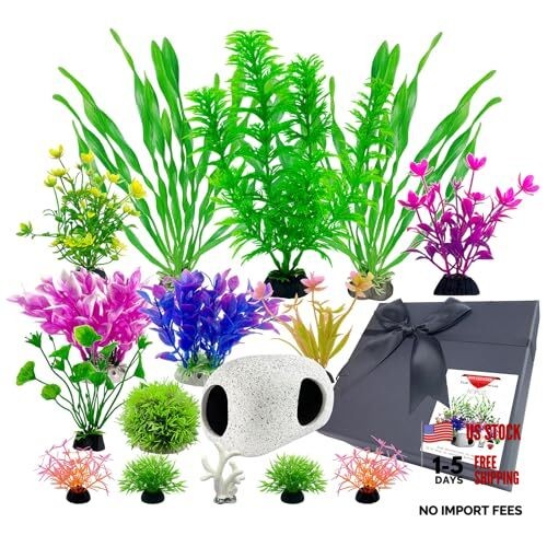 Aquarium Decorations Set, 16Pieces Artificial Plastic Plants & Smooth Fish