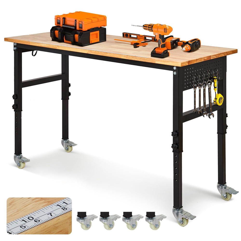 Adjustable Height Workbench 70" Wood Work Bench Table 2000 Lbs with Power Outlet