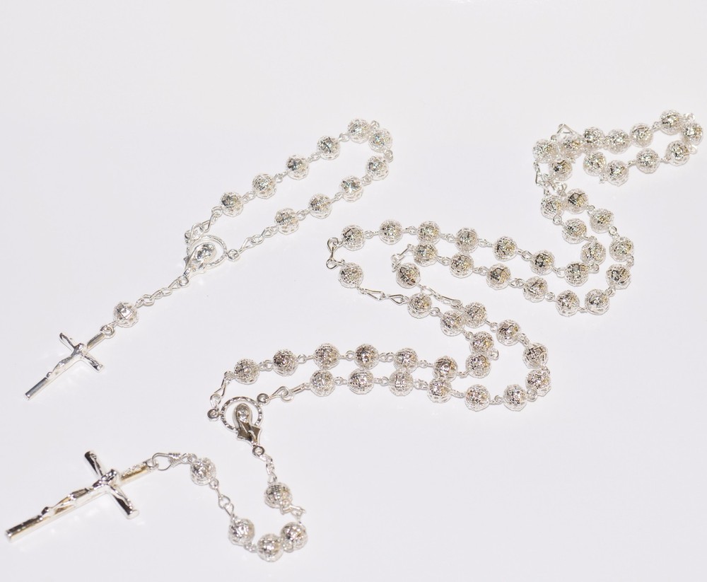 Filigree Bead Rosary  Necklace Decade Catholic Madonna Rosarie set Silver Plated