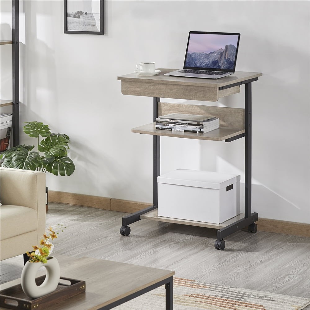 Rolling Computer Desk W/ 2 Storage Shelves & Drawer Compact Work Table Taupe