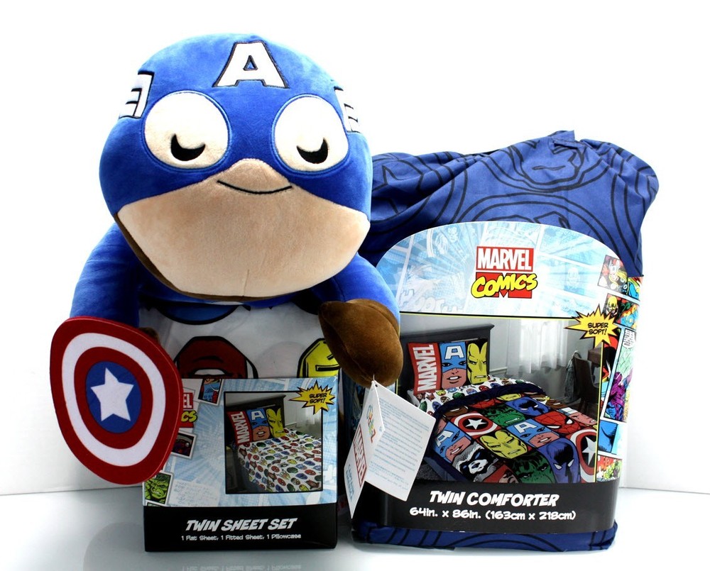 5 Piece- MARVEL COMICS Comforter + Sheet Set + Cuddleez 24" CAPTAIN America TWIN